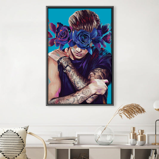 Vibrant Floral Embrace: Stunning Oil Painting of a Tattooed Figure with Roses