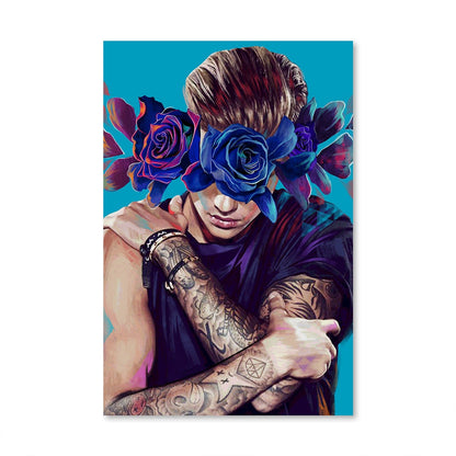 Vibrant Floral Embrace: Stunning Oil Painting of a Tattooed Figure with Roses