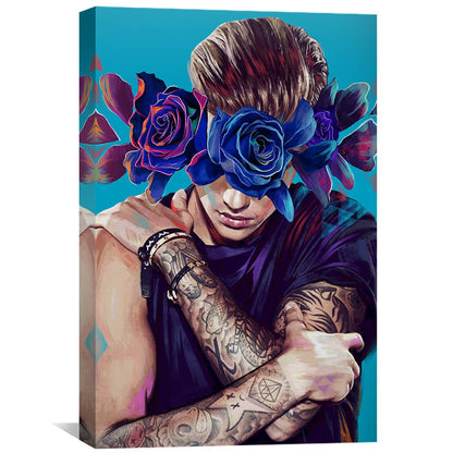 Vibrant Floral Embrace: Stunning Oil Painting of a Tattooed Figure with Roses