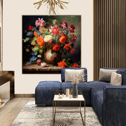 Vibrant Floral Still Life Oil Painting in Classic Pottery with Colorful Blooms