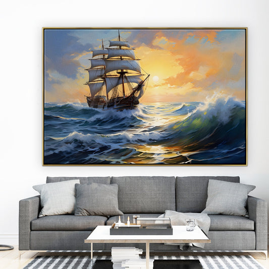 Majestic Sailing Ship on Ocean Waves at Sunset - Stunning Oil Painting