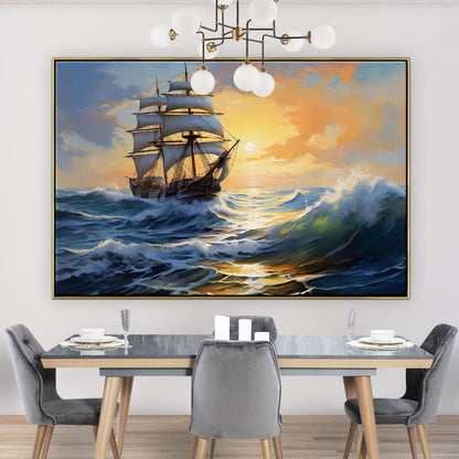 Majestic Sailing Ship on Ocean Waves at Sunset - Stunning Oil Painting