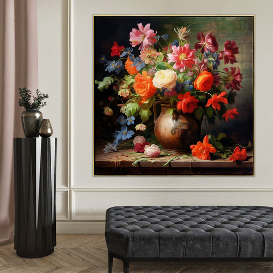 Vibrant Floral Still Life Oil Painting in Classic Pottery with Colorful Blooms
