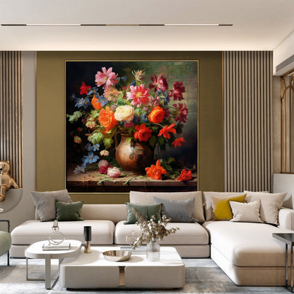 Vibrant Floral Still Life Oil Painting in Classic Pottery with Colorful Blooms