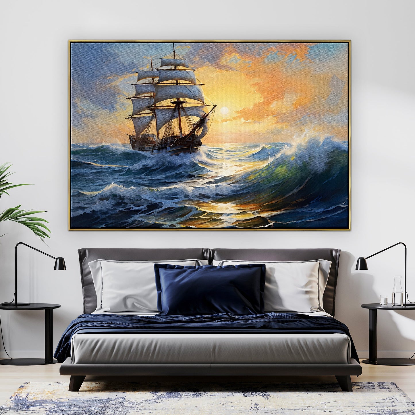 Majestic Sailing Ship on Ocean Waves at Sunset - Stunning Oil Painting