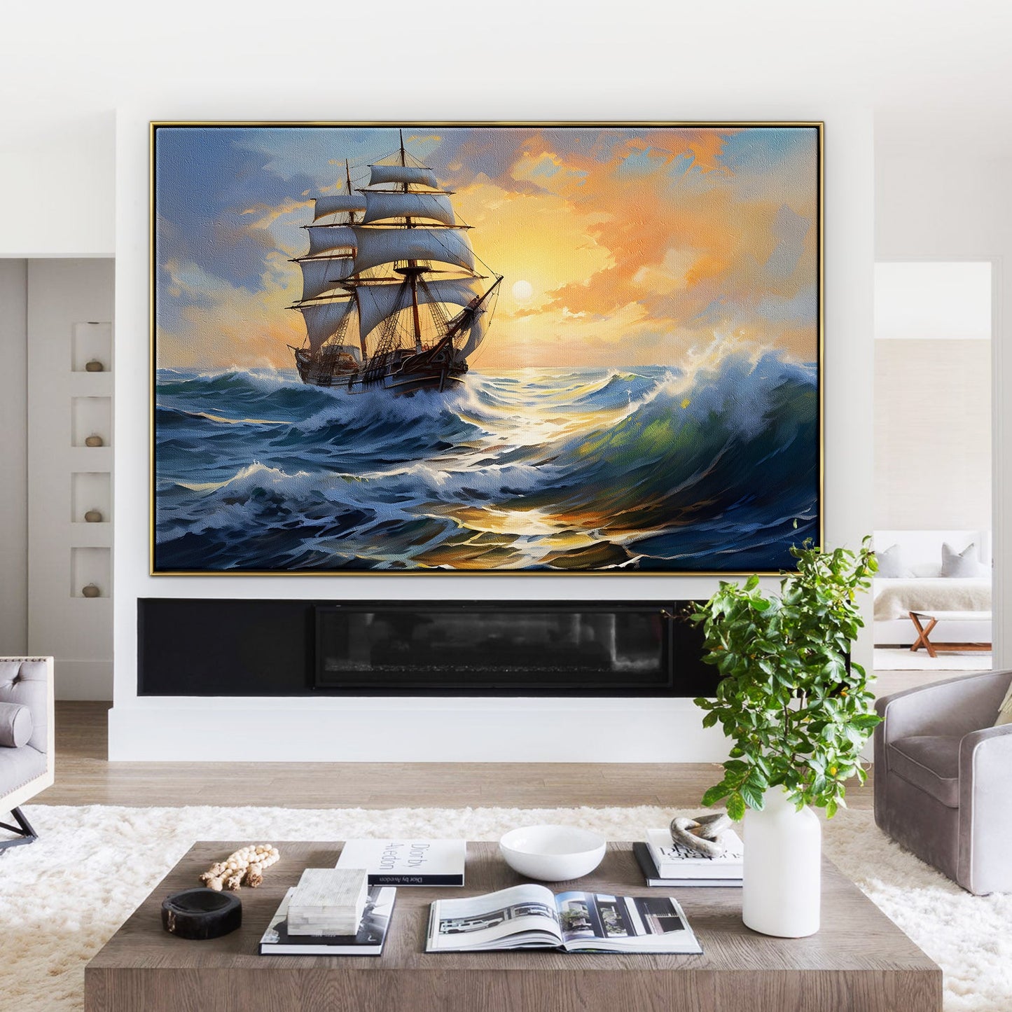 Majestic Sailing Ship on Ocean Waves at Sunset - Stunning Oil Painting