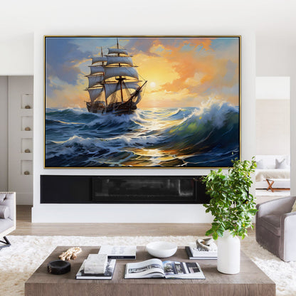Majestic Sailing Ship on Ocean Waves at Sunset - Stunning Oil Painting
