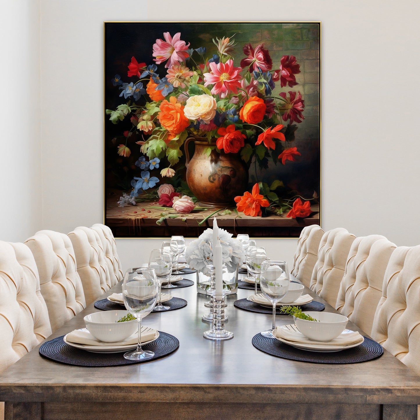 Vibrant Floral Still Life Oil Painting in Classic Pottery with Colorful Blooms