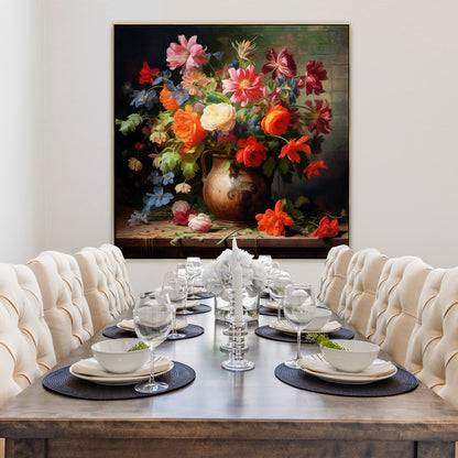 Vibrant Floral Still Life Oil Painting in Classic Pottery with Colorful Blooms