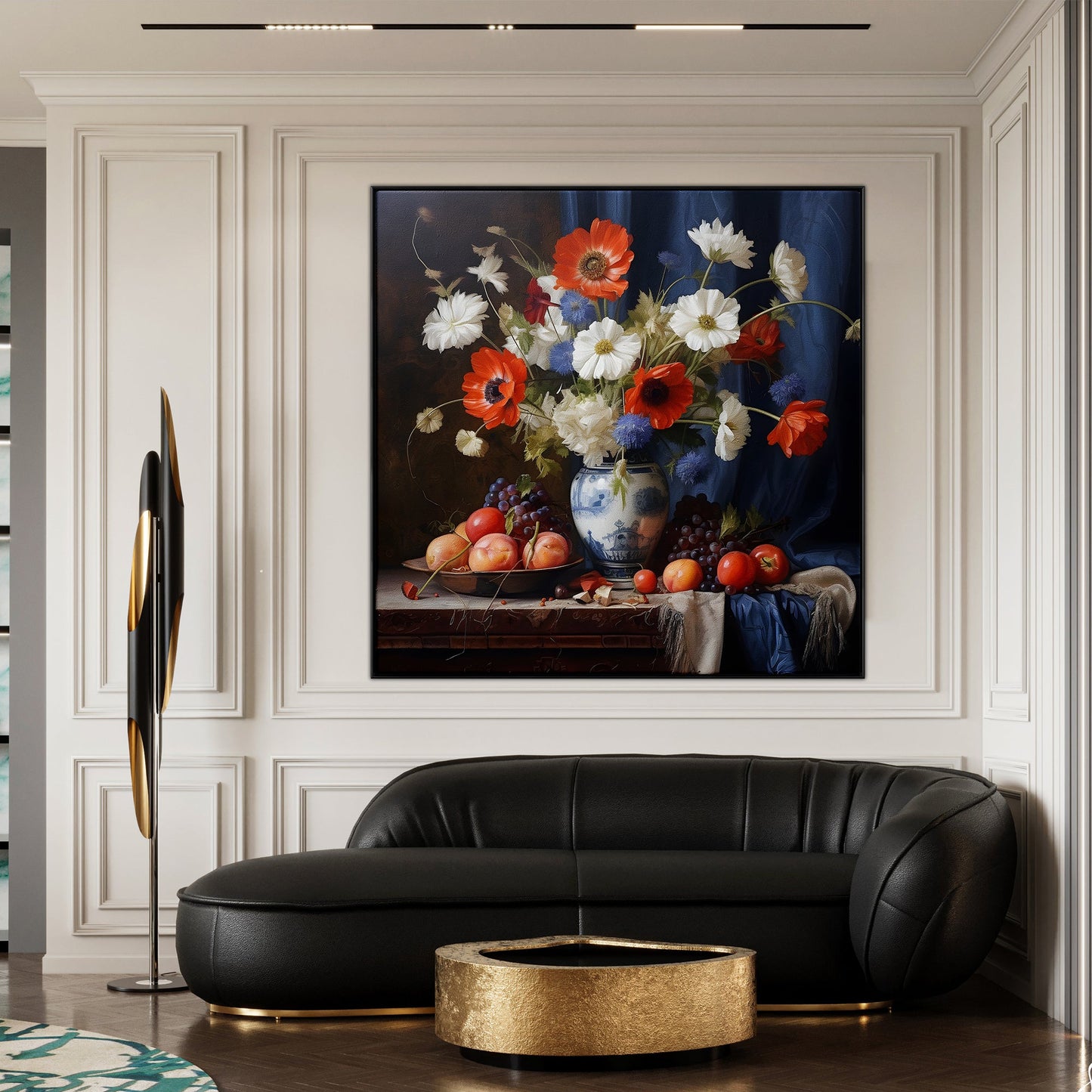 Vibrant Floral Still Life in Elegant Vase with Fruits for Home Decor