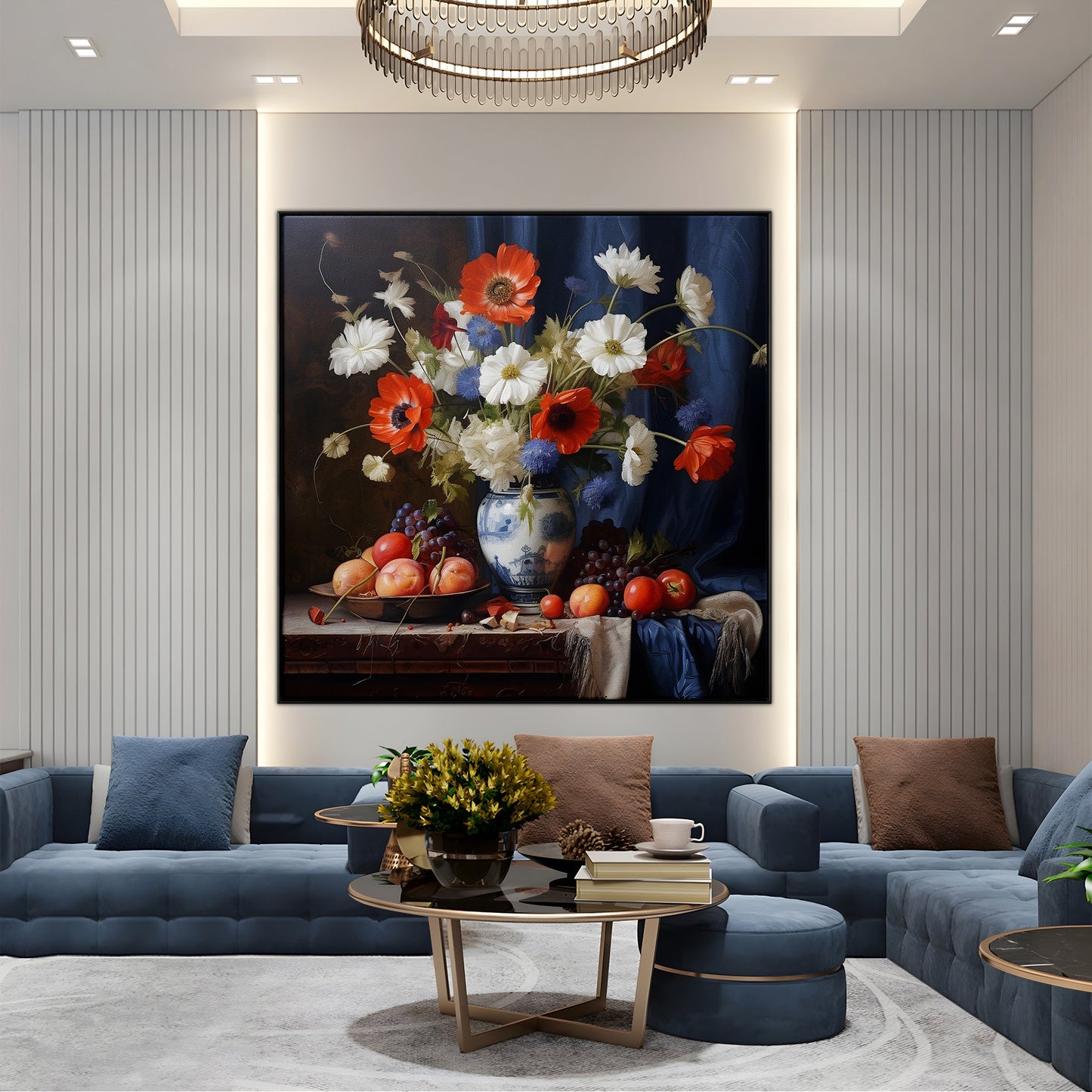 Vibrant Floral Still Life in Elegant Vase with Fruits for Home Decor