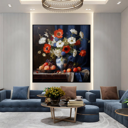 Vibrant Floral Still Life in Elegant Vase with Fruits for Home Decor