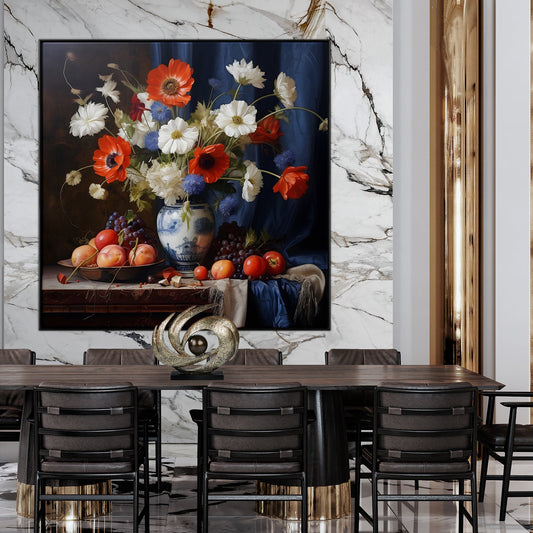 Vibrant Floral Still Life in Elegant Vase with Fruits for Home Decor