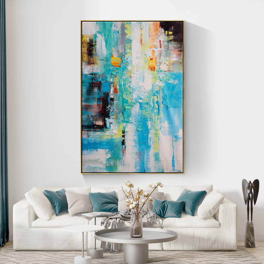 Vibrant Abstract Oil Painting in Blue and Yellow Tones for Modern Decor