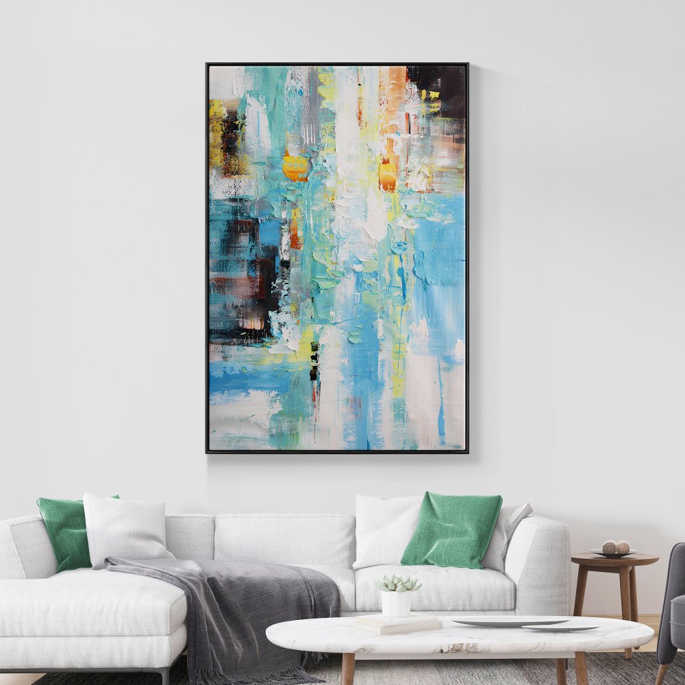 Vibrant Abstract Oil Painting in Blue and Yellow Tones for Modern Decor