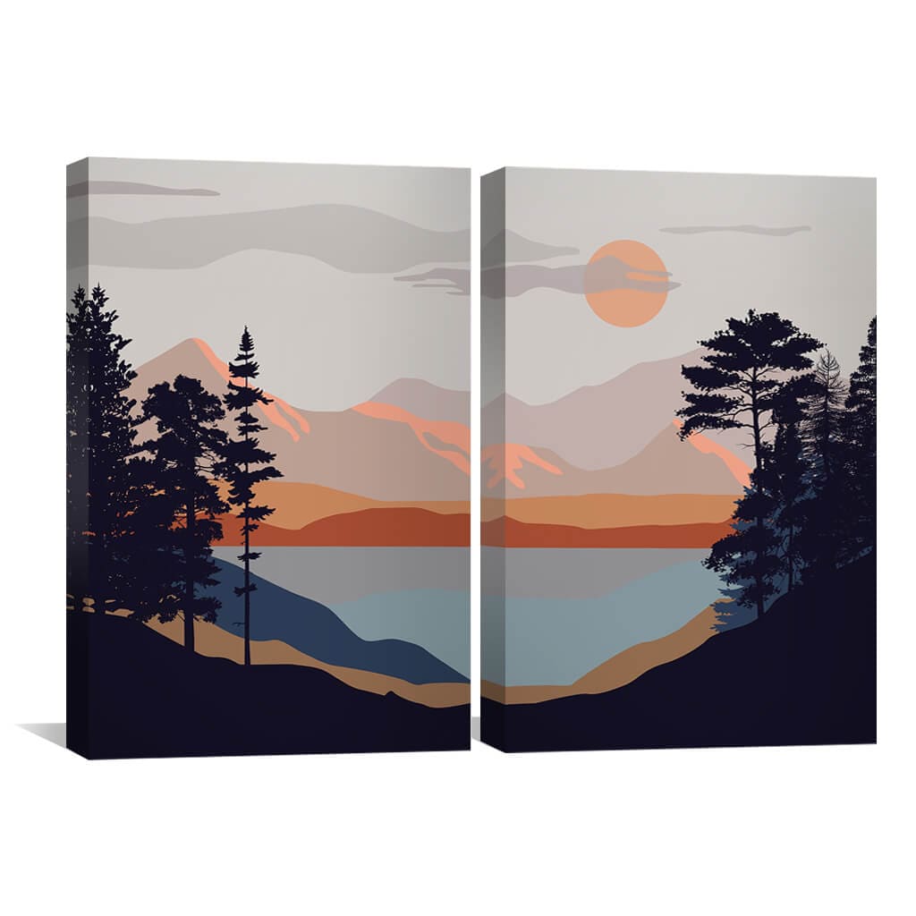 Serene Mountain Lake Oil Painting with Scenic Sunset and Forest Silhouette