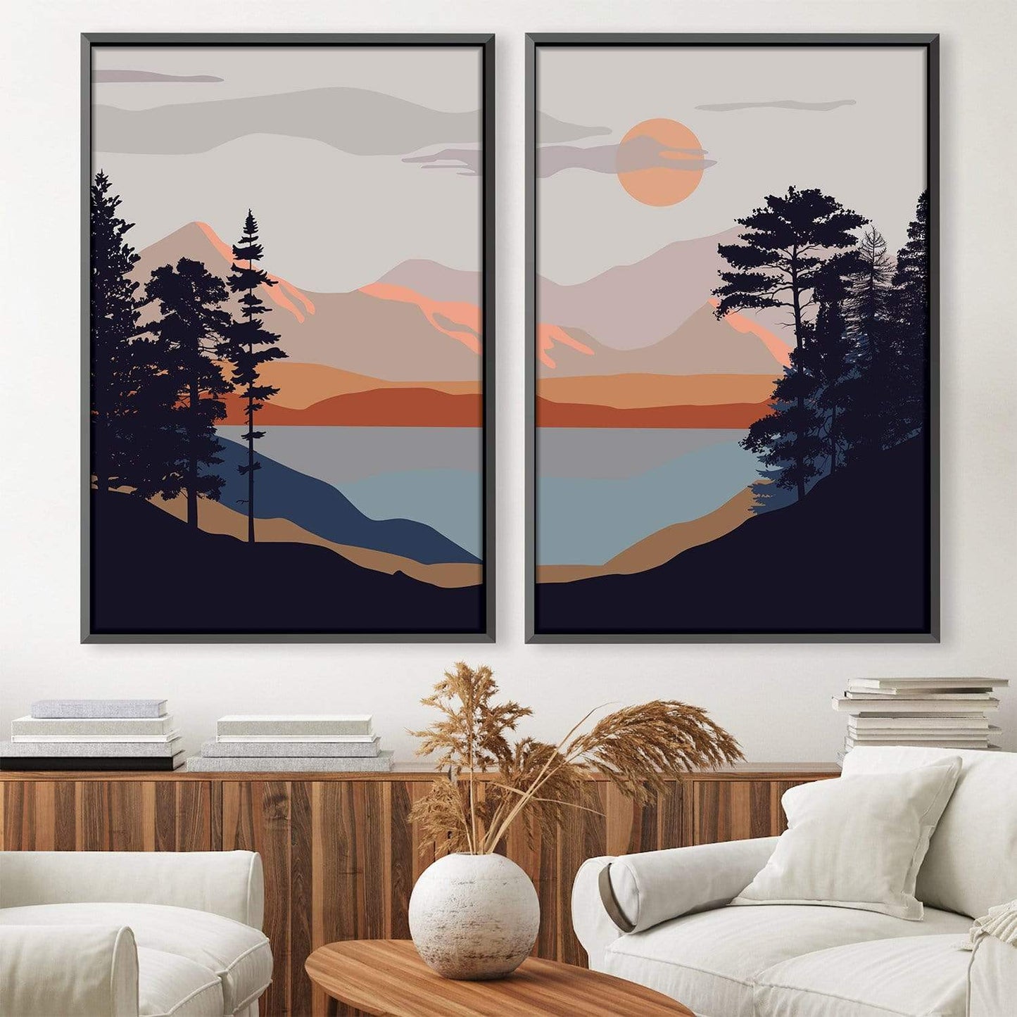 Serene Mountain Lake Oil Painting with Scenic Sunset and Forest Silhouette