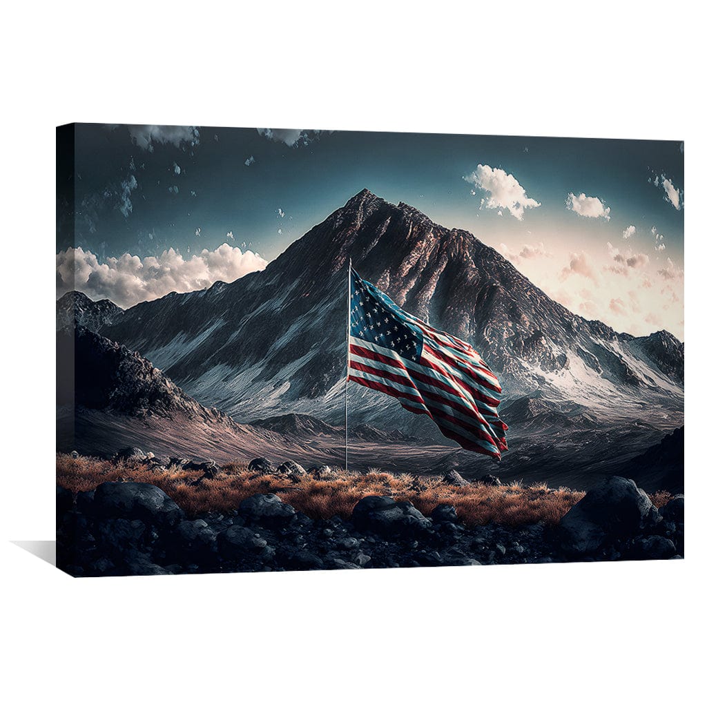 Majestic Mountain Landscape with American Flag Oil Painting for Home Decor