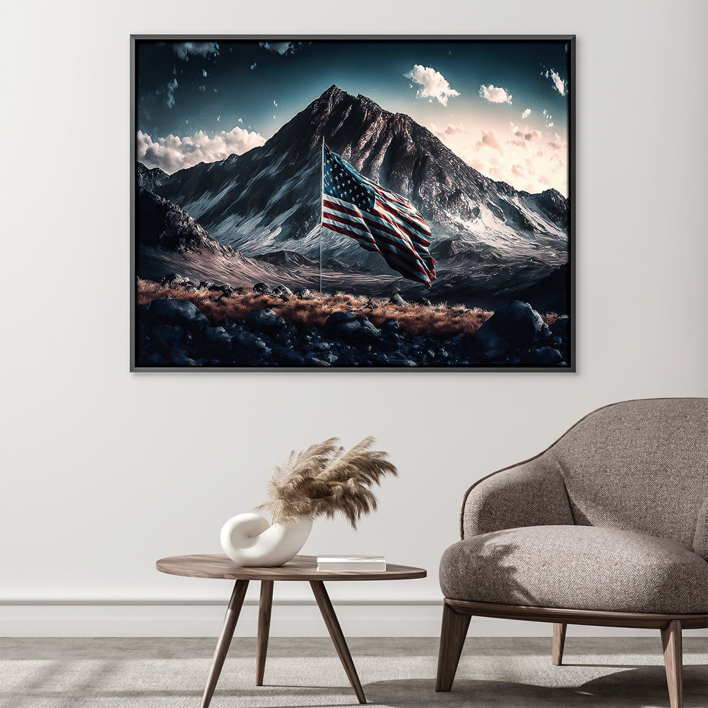 Majestic Mountain Landscape with American Flag Oil Painting for Home Decor