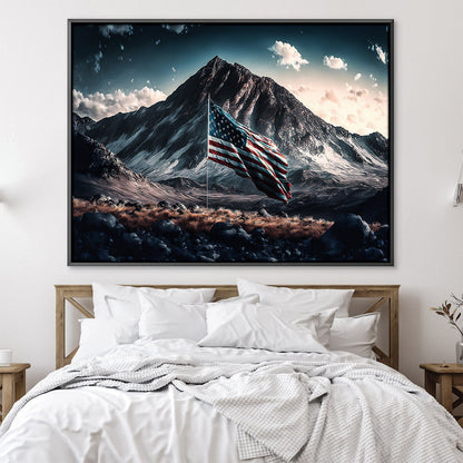 Majestic Mountain Landscape with American Flag Oil Painting for Home Decor