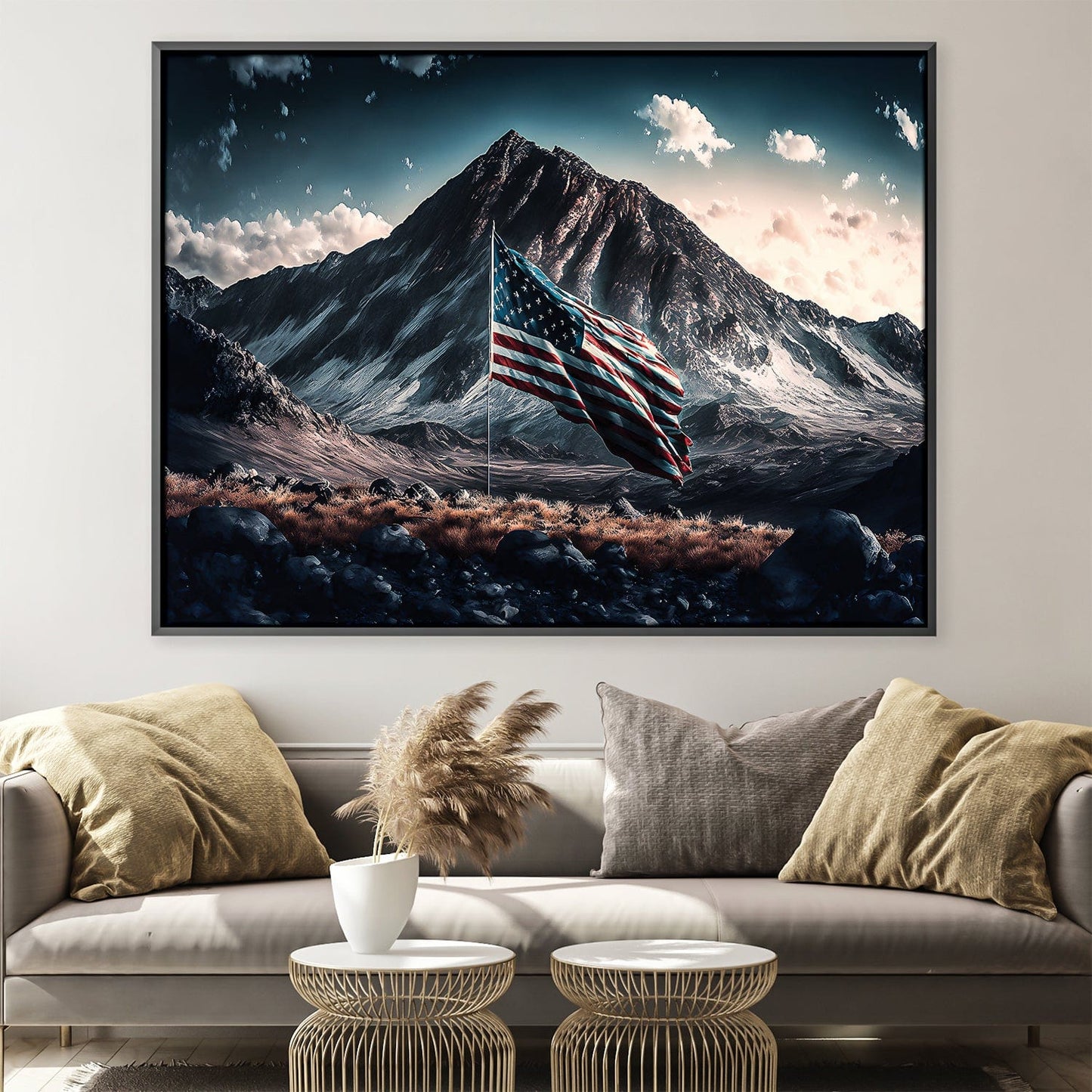 Majestic Mountain Landscape with American Flag Oil Painting for Home Decor