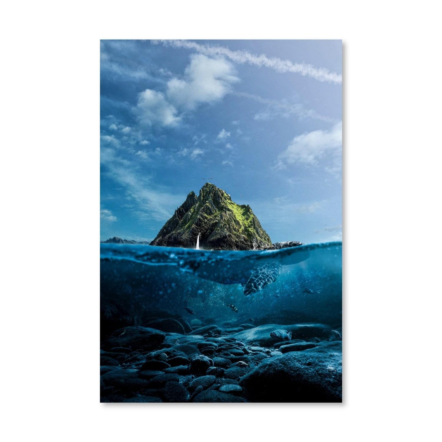 Tranquil Underwater Landscape with Majestic Turtles and Serene Island View