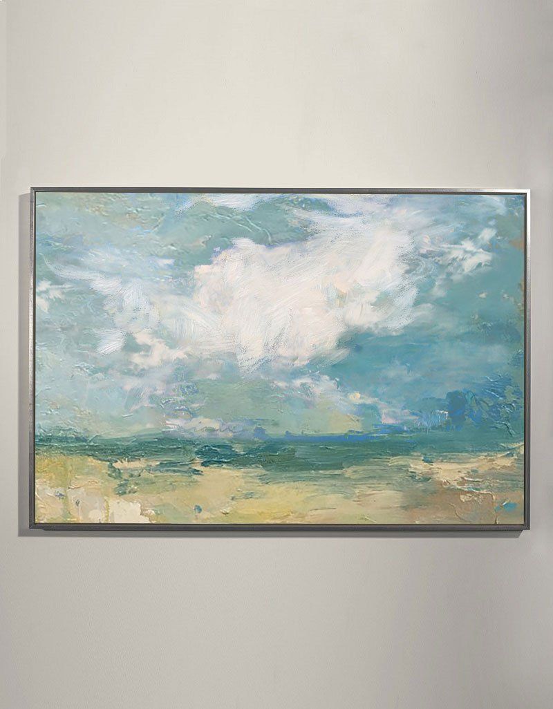 Serene Coastal Sky and Sea Oil Painting for Tranquil Home Decor