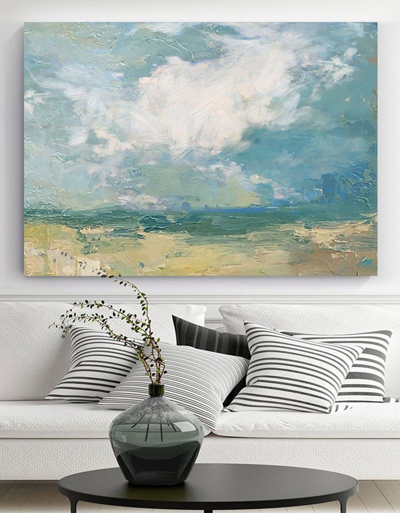 Serene Coastal Sky and Sea Oil Painting for Tranquil Home Decor