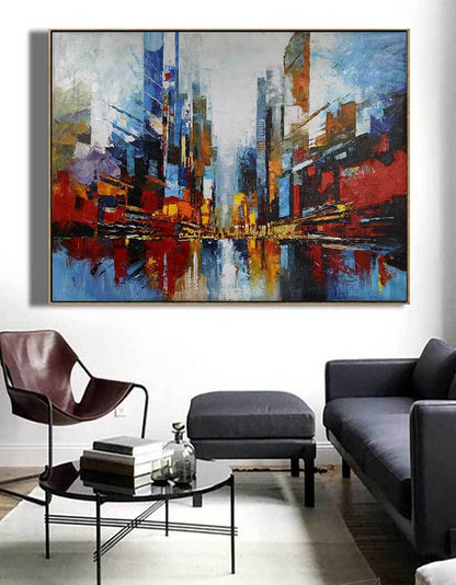 Vibrant Abstract Cityscape Oil Painting for Modern Home Décor