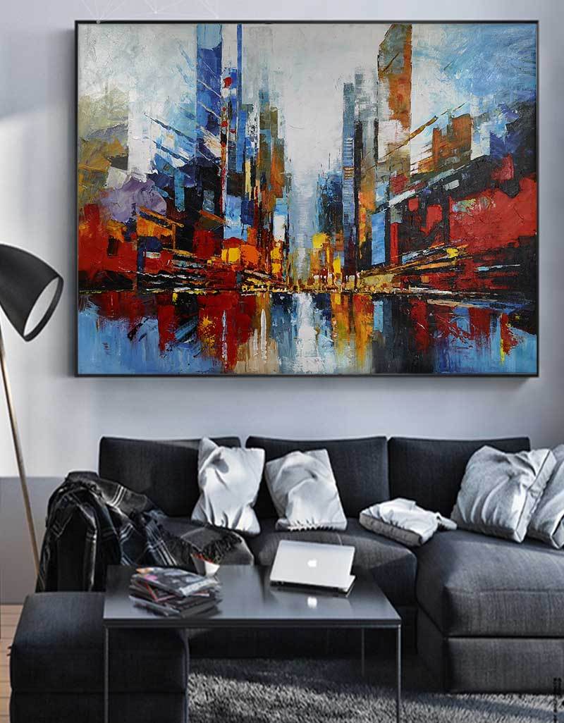 Vibrant Abstract Cityscape Oil Painting for Modern Home Décor