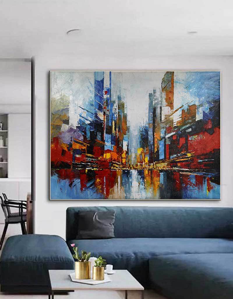 Vibrant Abstract Cityscape Oil Painting for Modern Home Décor