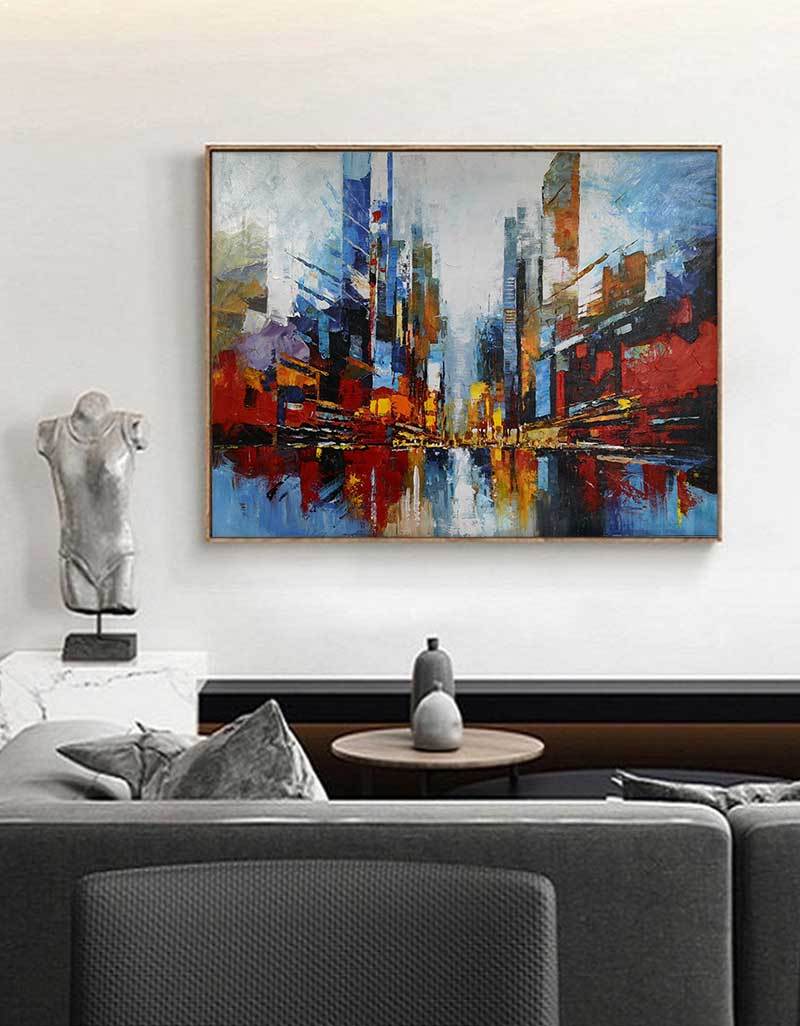 Vibrant Abstract Cityscape Oil Painting for Modern Home Décor