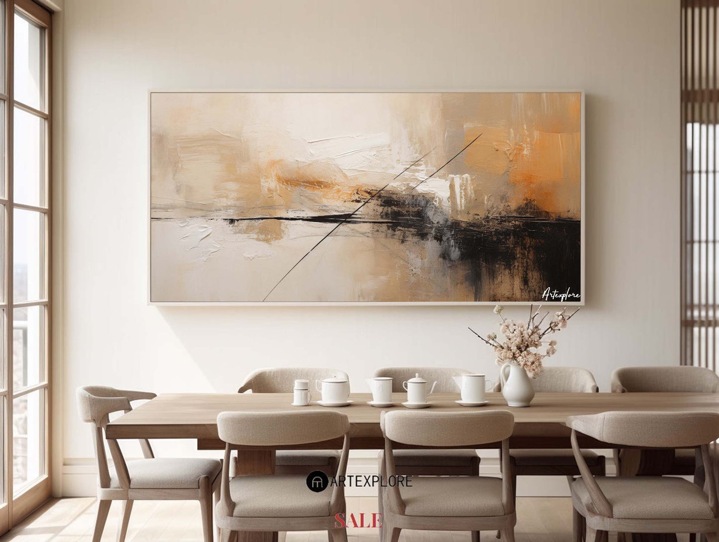 Contemporary Abstract Oil Painting with Earthy Tones and Geometric Lines