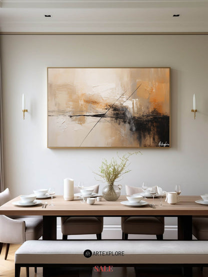 Contemporary Abstract Oil Painting with Earthy Tones and Geometric Lines