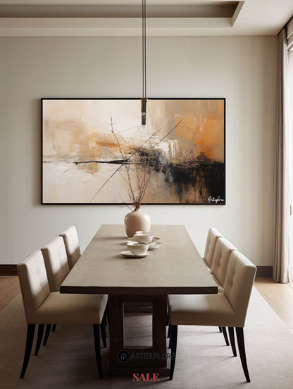 Contemporary Abstract Oil Painting with Earthy Tones and Geometric Lines