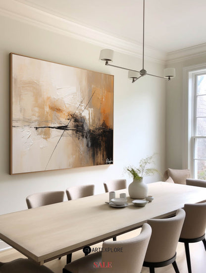 Contemporary Abstract Oil Painting with Earthy Tones and Geometric Lines