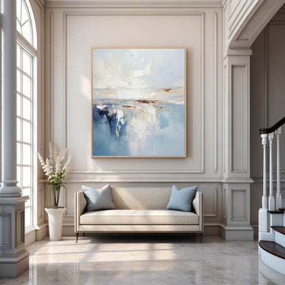 Serene Coastal Abstract Oil Painting with Blue and Cream Hues for Modern Decor