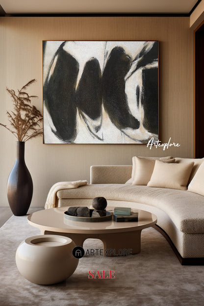 Abstract Black and White Oil Painting for Modern Home Decor