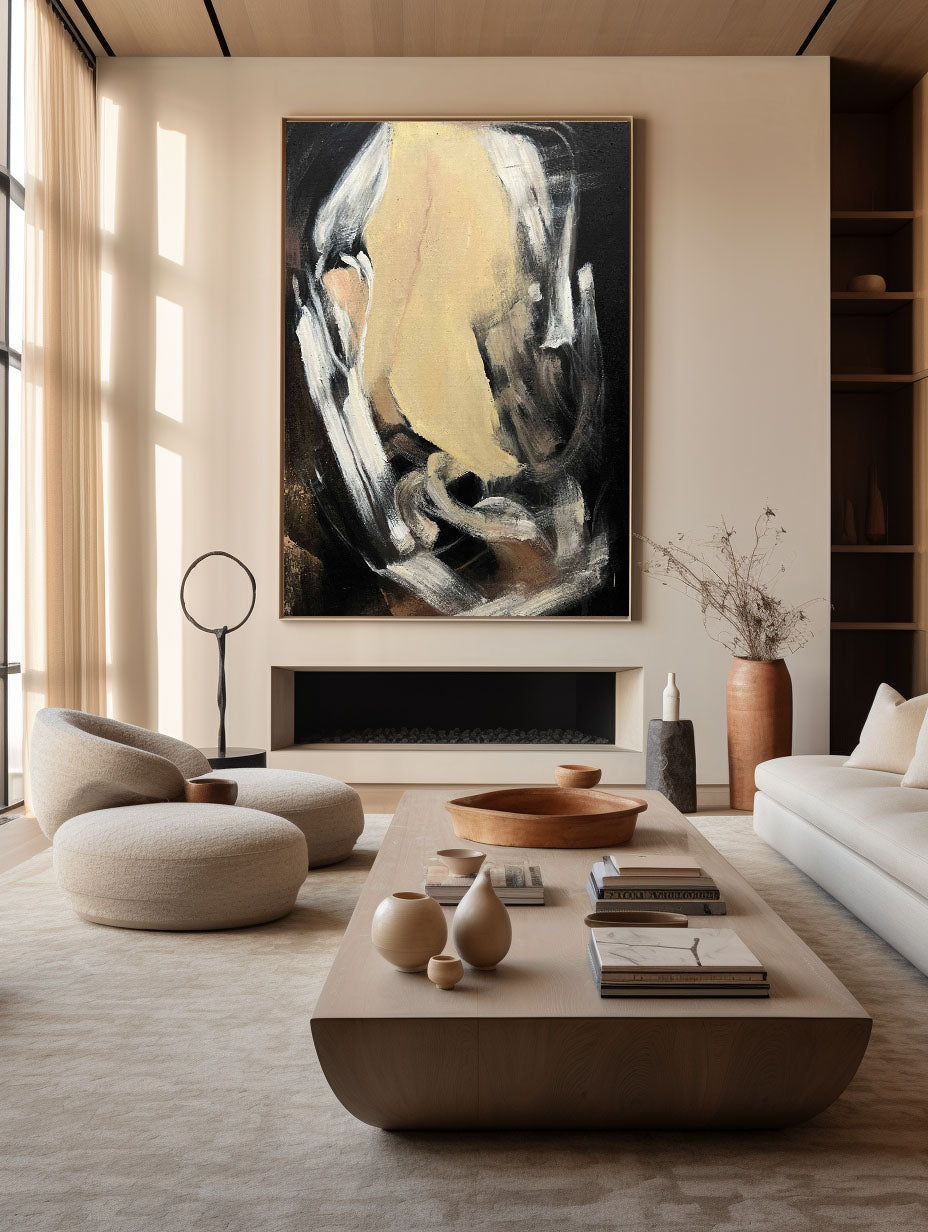 Contemporary Black and Gold Abstract Oil Painting for Modern Home Decor