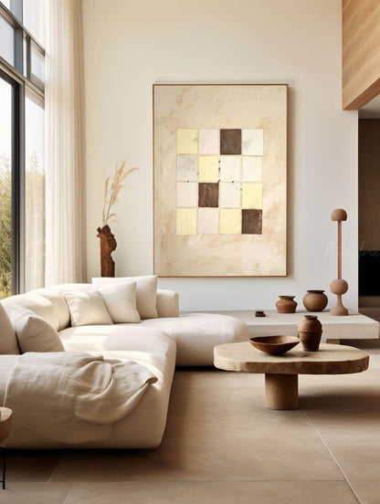 Elegant Beige Geometric Abstract Oil Painting for Modern Home Decor