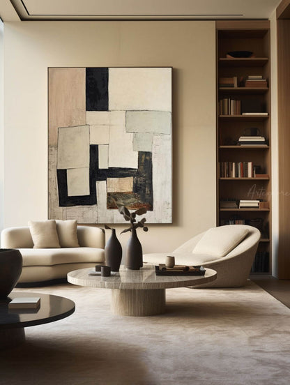 Contemporary Minimalist Oil Painting with Geometric Abstract Shapes for Modern Decor