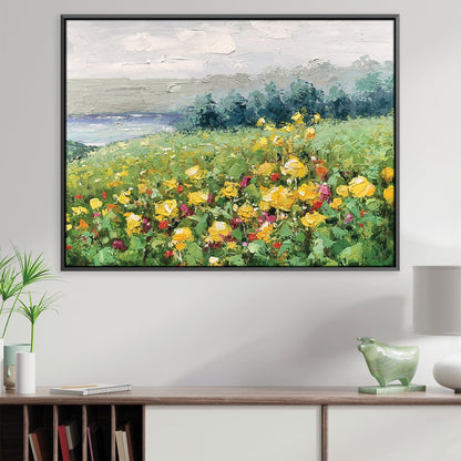 Vibrant Floral Meadow Landscape Oil Painting with Yellow and Pink Blooms