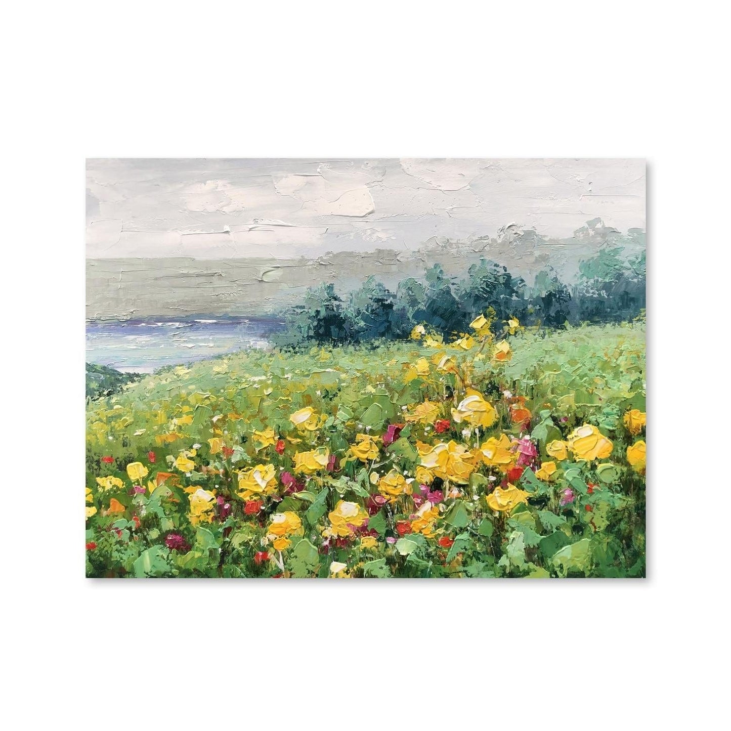 Vibrant Floral Meadow Landscape Oil Painting with Yellow and Pink Blooms