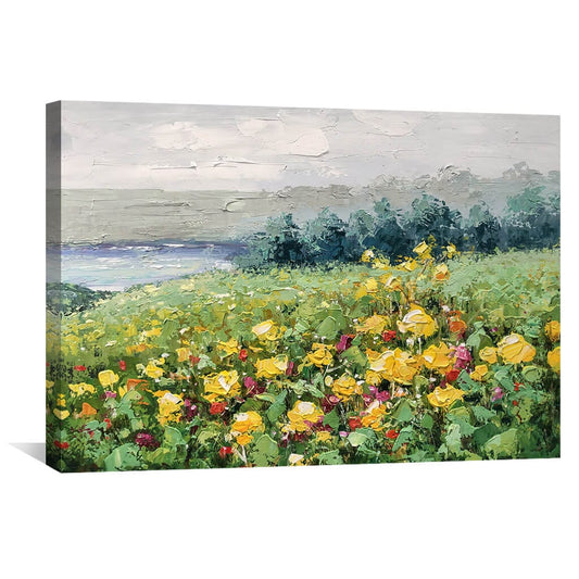 Vibrant Floral Meadow Landscape Oil Painting with Yellow and Pink Blooms