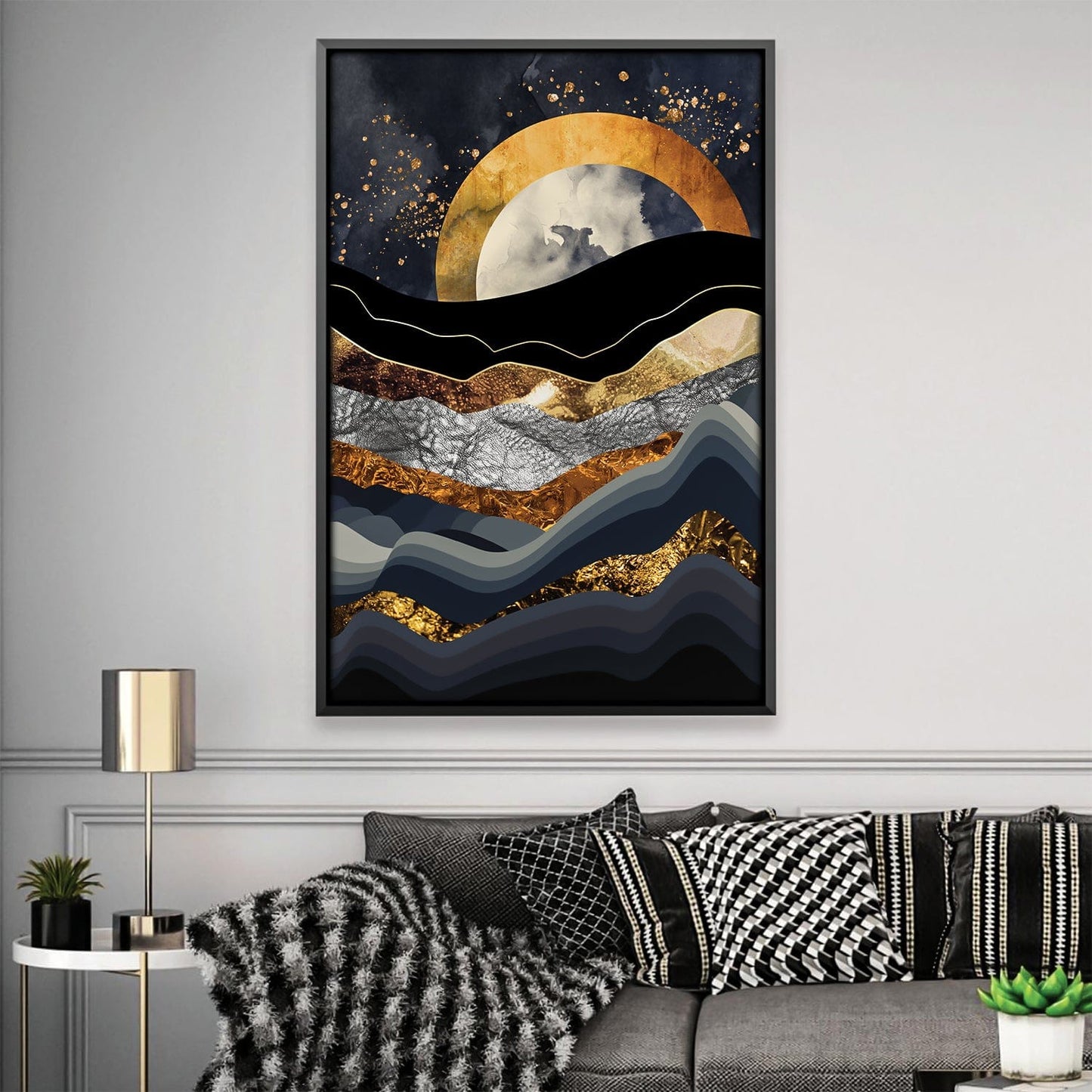 Abstract Gold and Black Moonset Oil Painting for Stunning Home Decor