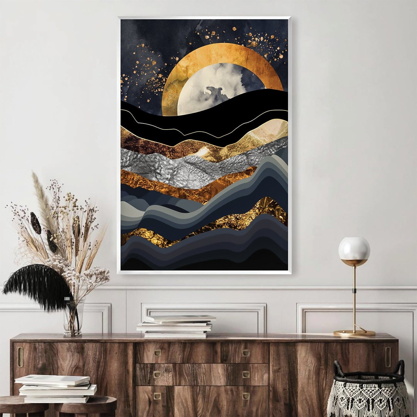 Abstract Gold and Black Moonset Oil Painting for Stunning Home Decor
