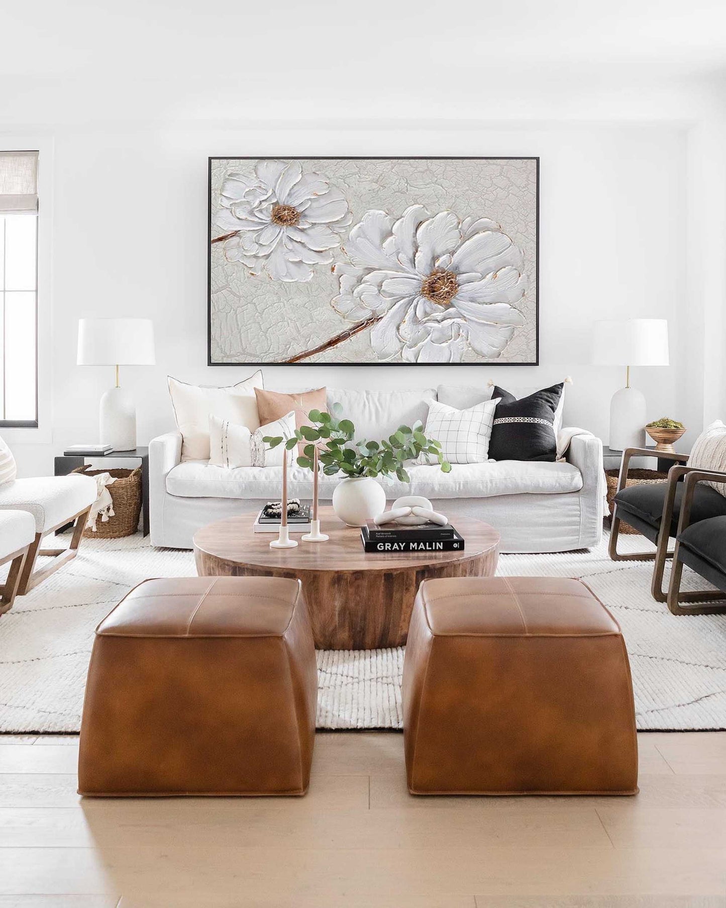Elegant White Flower Oil Painting for Minimalist Home Decor and Wall Art