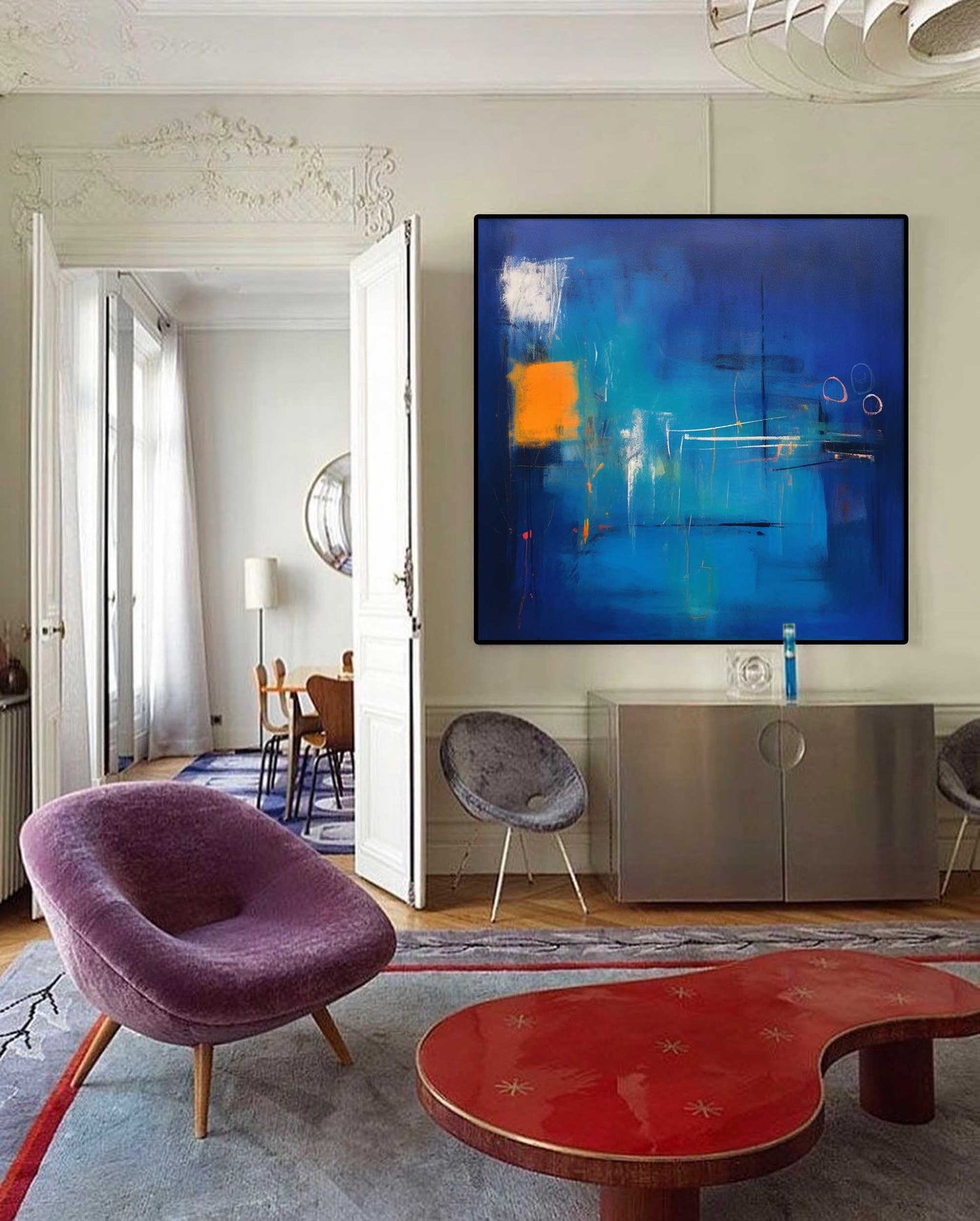 Vibrant Abstract Blue Oil Painting for Modern Home Decor Artisan Wall Art