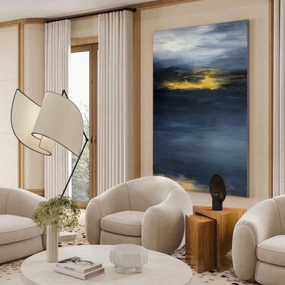 Contemporary Abstract Oil Painting with Dynamic Blue and Yellow Hues