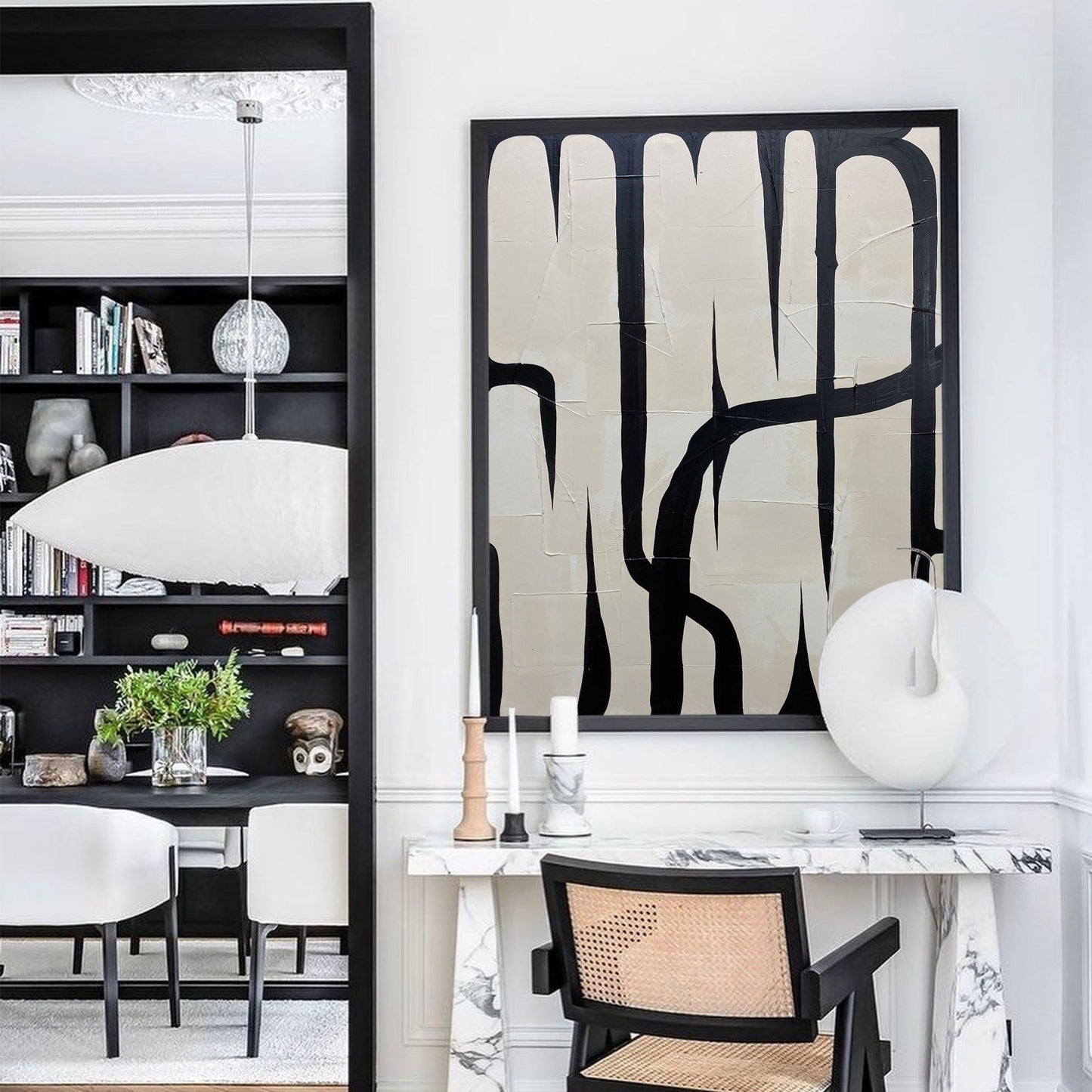 Monochrome Abstract Oil Painting with Bold Black and White Brushstrokes for Modern D√©cor